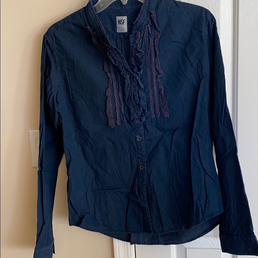 Nsf Chambray Ruffle-Front Shirt Dark Navy Sz L